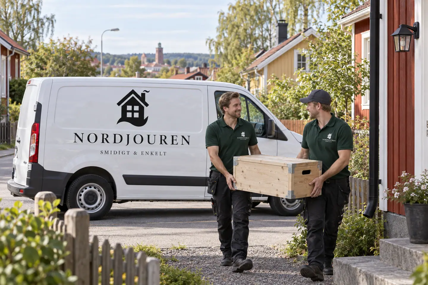 Illustration: Nordjourens bil och personal i Falun, småskalig bostadsgata i elsborg