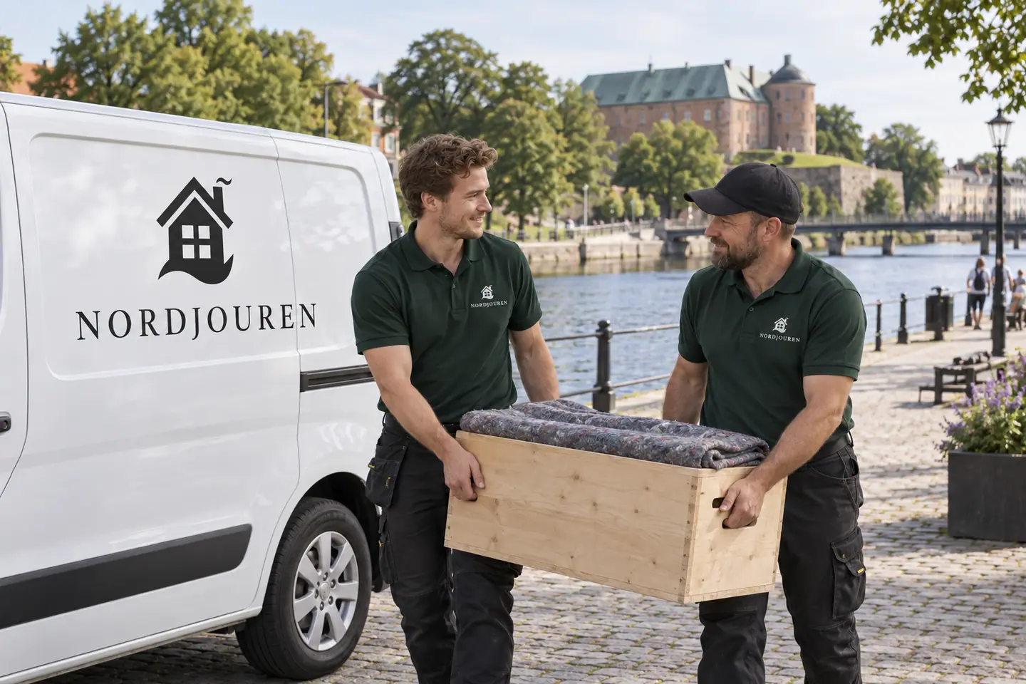 Illustration: Nordjourens bil och personal i Halmstad, nissans centrala kajstråk