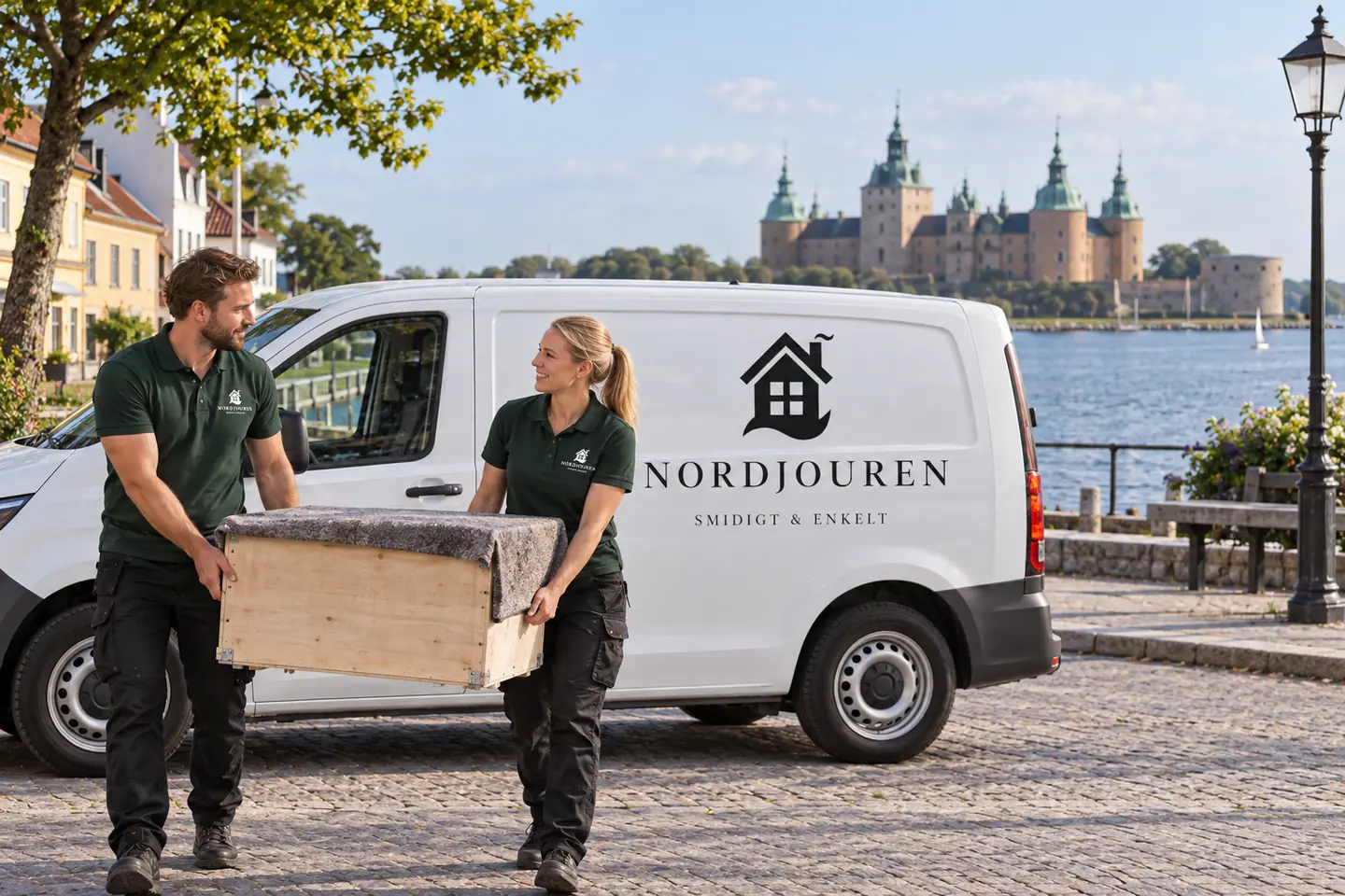 Illustration: Nordjourens bil och personal i Kalmar, slottsfjärden med kalmar slott i fonden