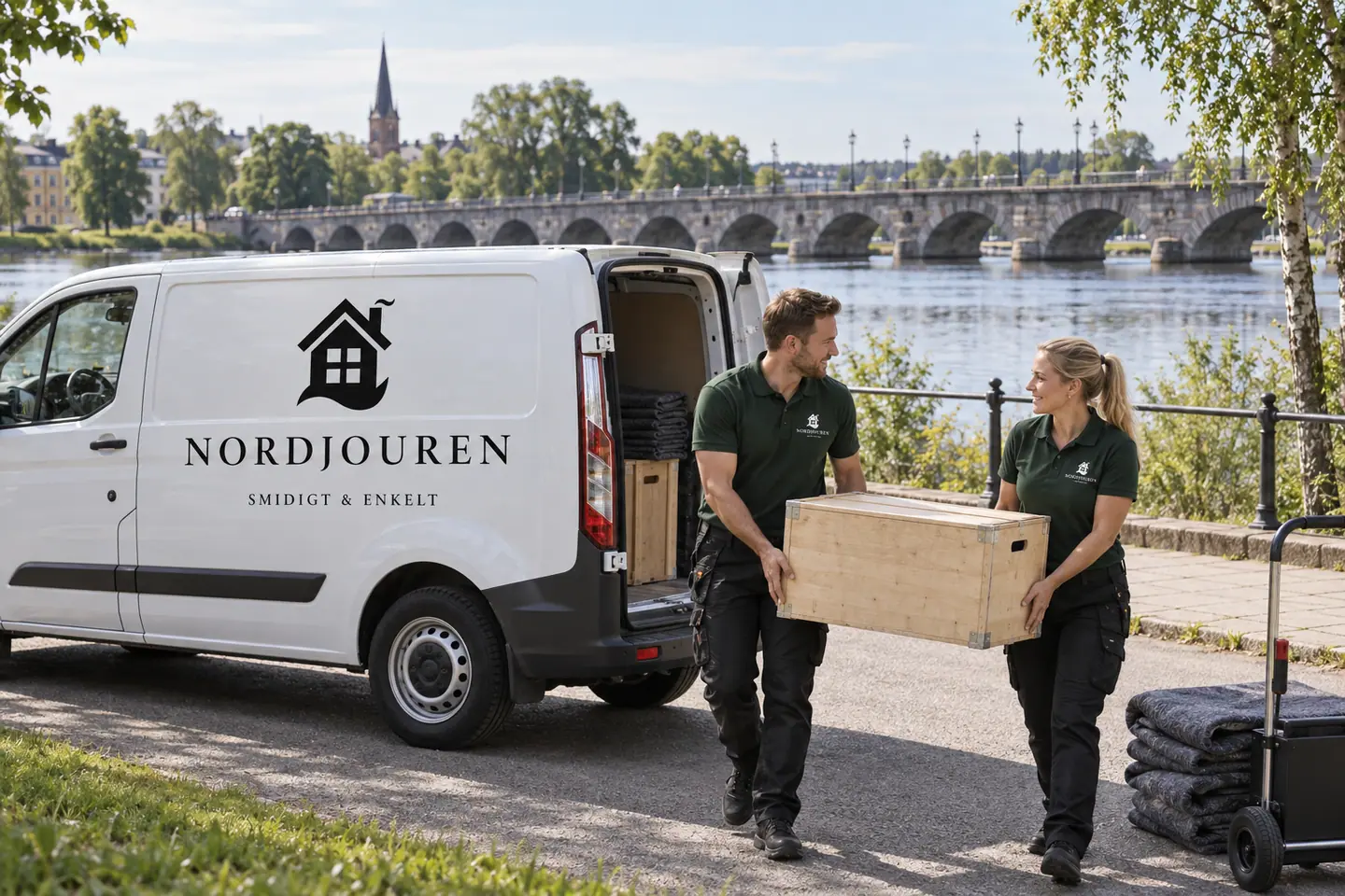 Illustration: Nordjourens bil och personal i Karlstad, klarälven vid östra bron