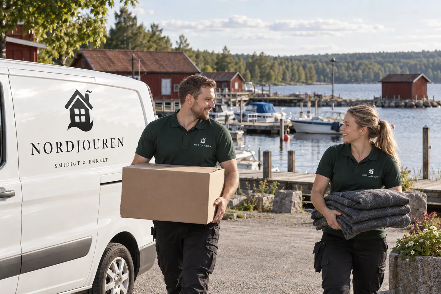 Illustration: Nordjourens bil och personal i Smedjebacken, hamnen vid norra barken och kyrkogatan