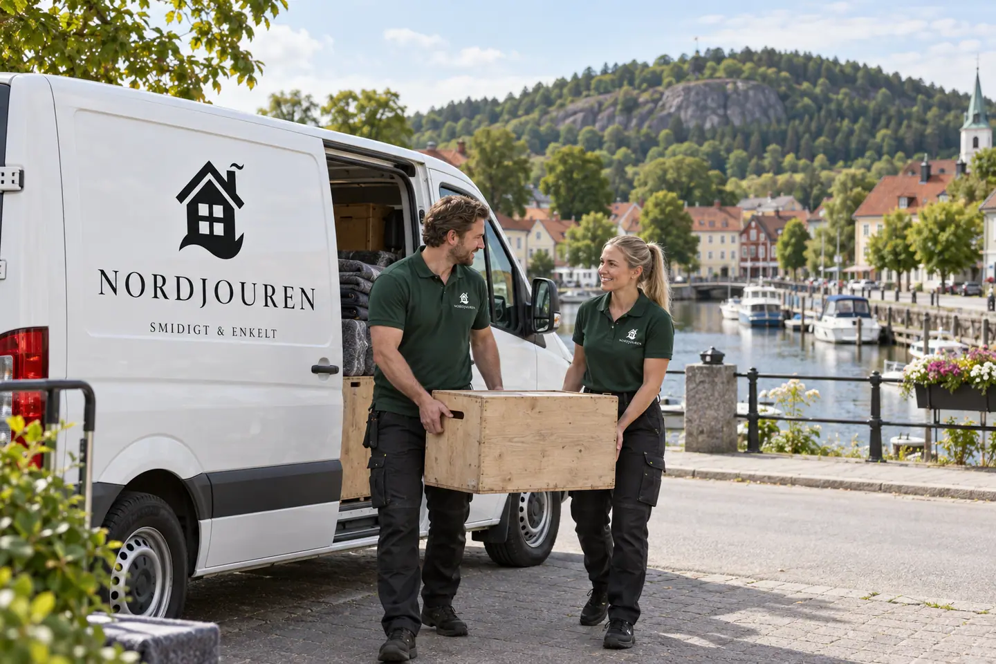 Illustration: Nordjourens bil och personal i Söderköping, kanalhamnen och ramunderberget