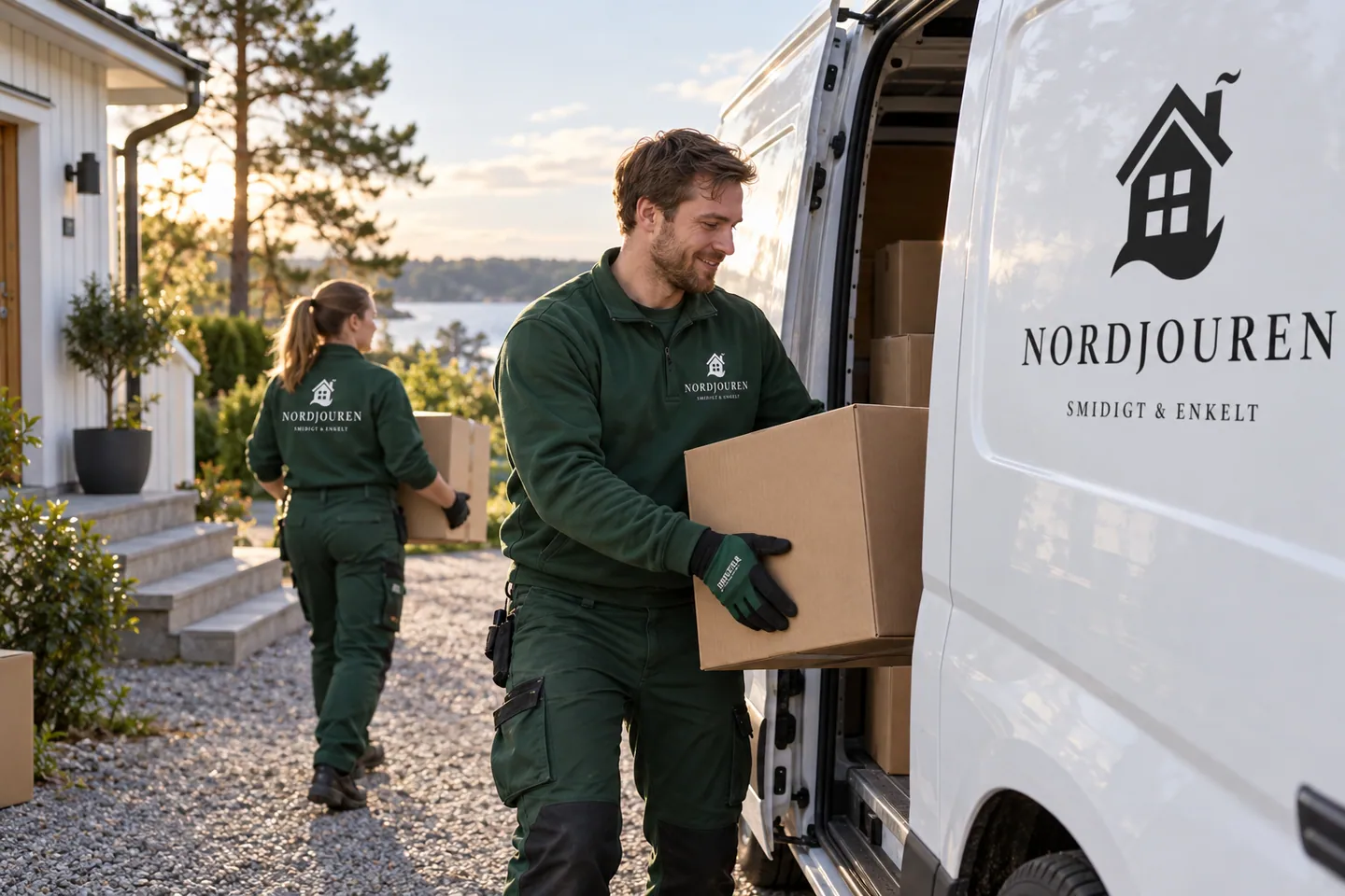 Akut bortforsling med Nordjourens märkta arbetskläder och servicebil