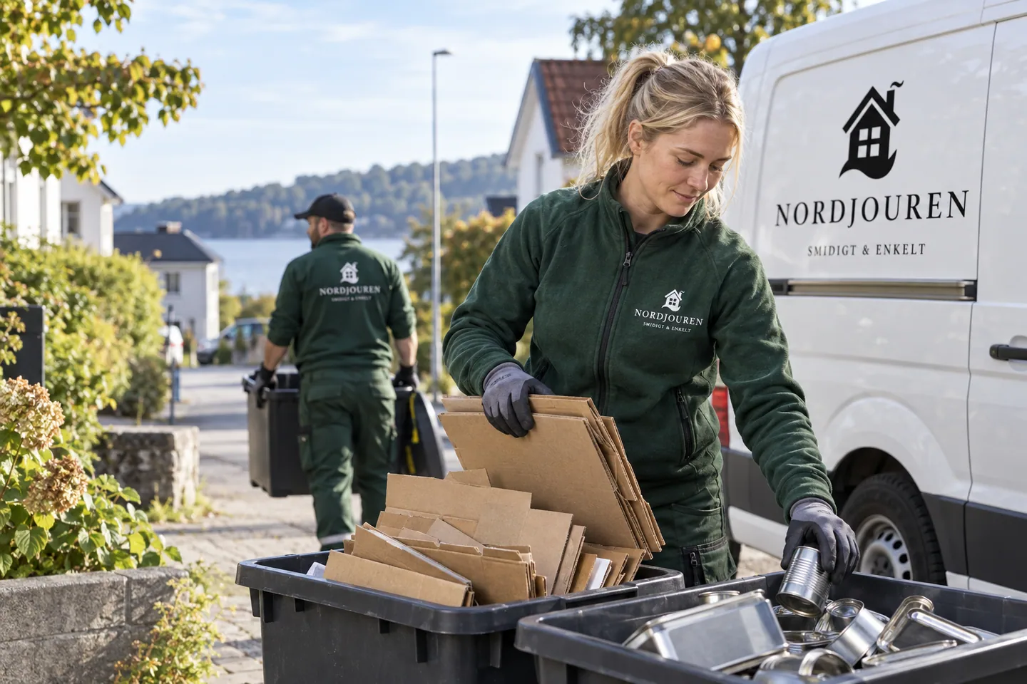 Återvinning med Nordjourens märkta arbetskläder och servicebil