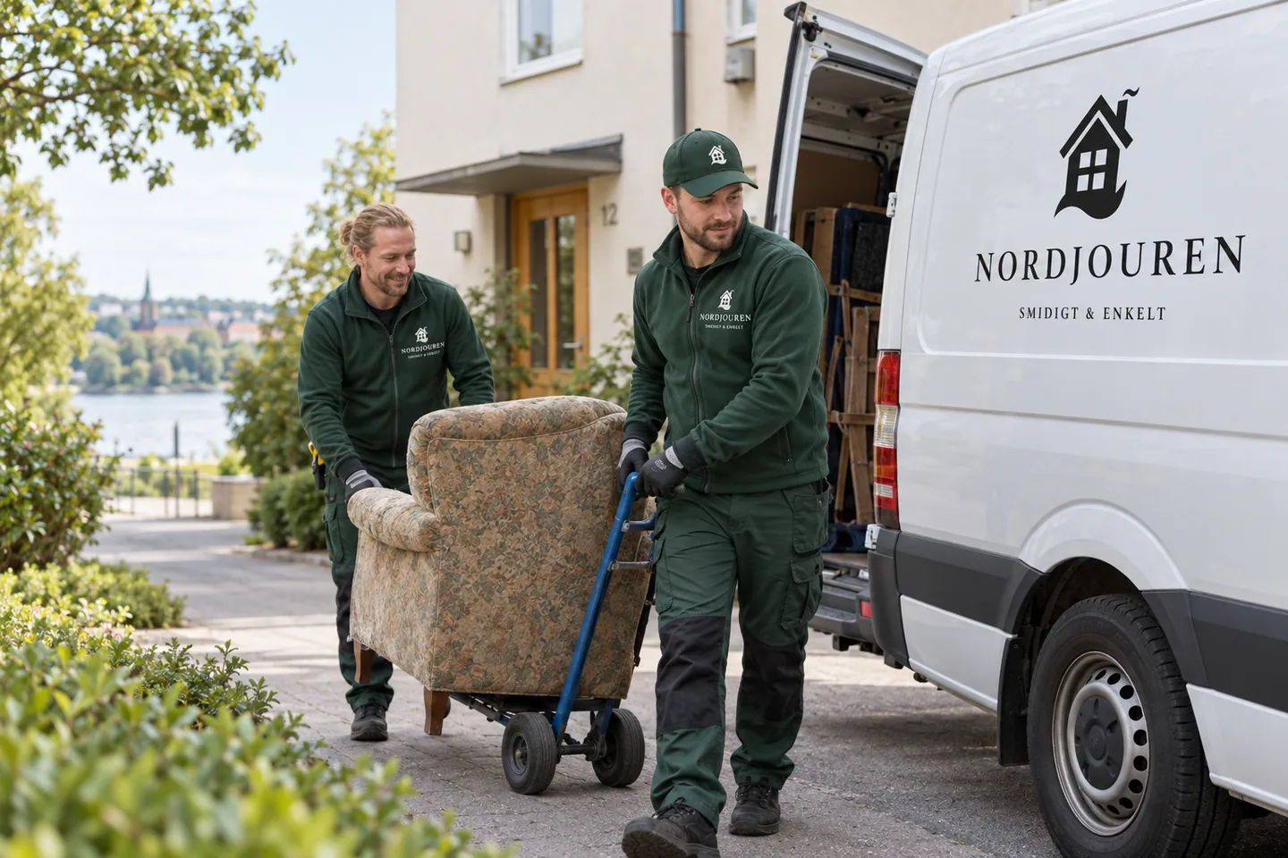 Bortforsling av möbler med Nordjourens märkta arbetskläder och servicebil