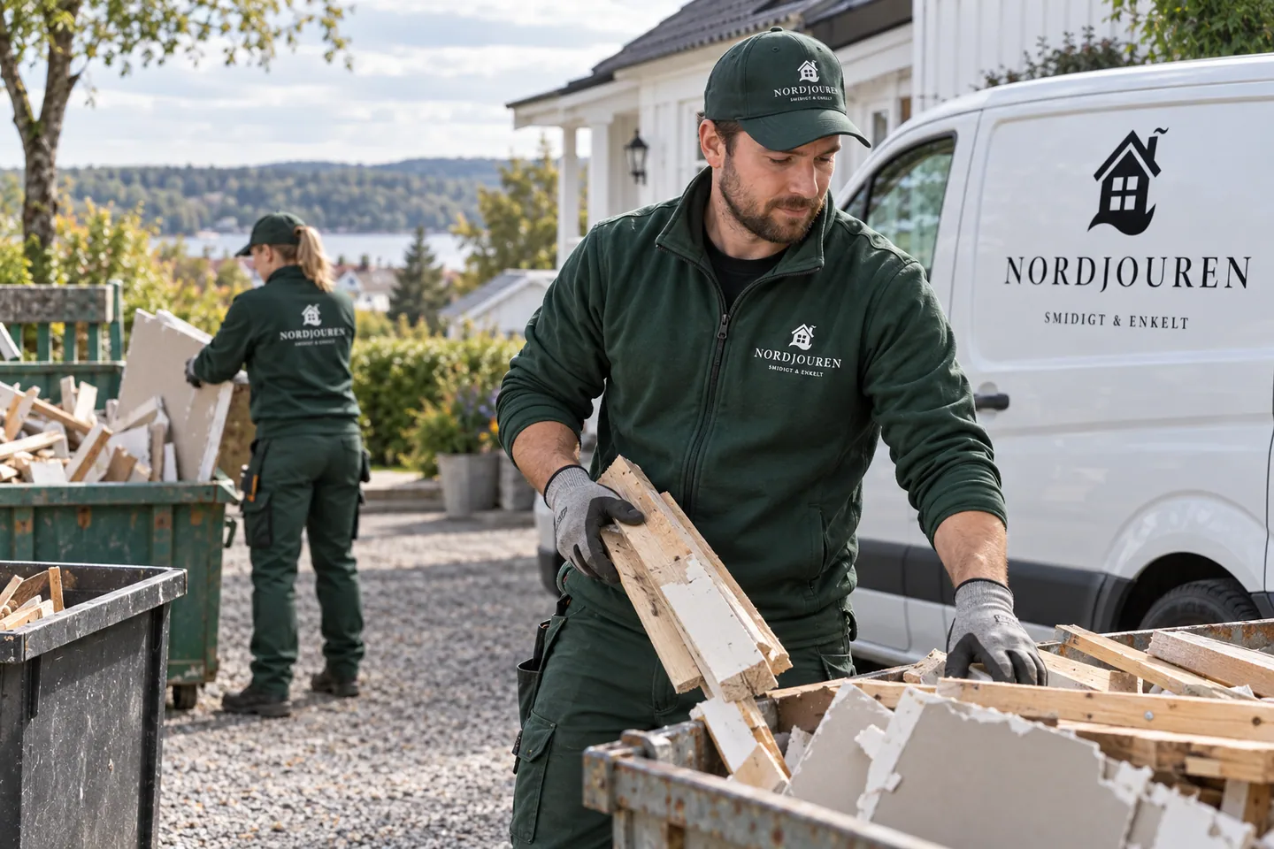 Byggavfall med Nordjourens märkta arbetskläder och servicebil