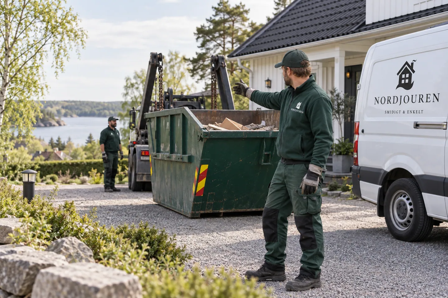 Containeruthyrning med Nordjourens märkta arbetskläder och servicebil