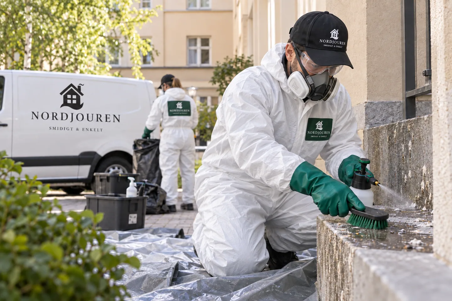 Duvsanering med Nordjourens märkta arbetskläder och servicebil