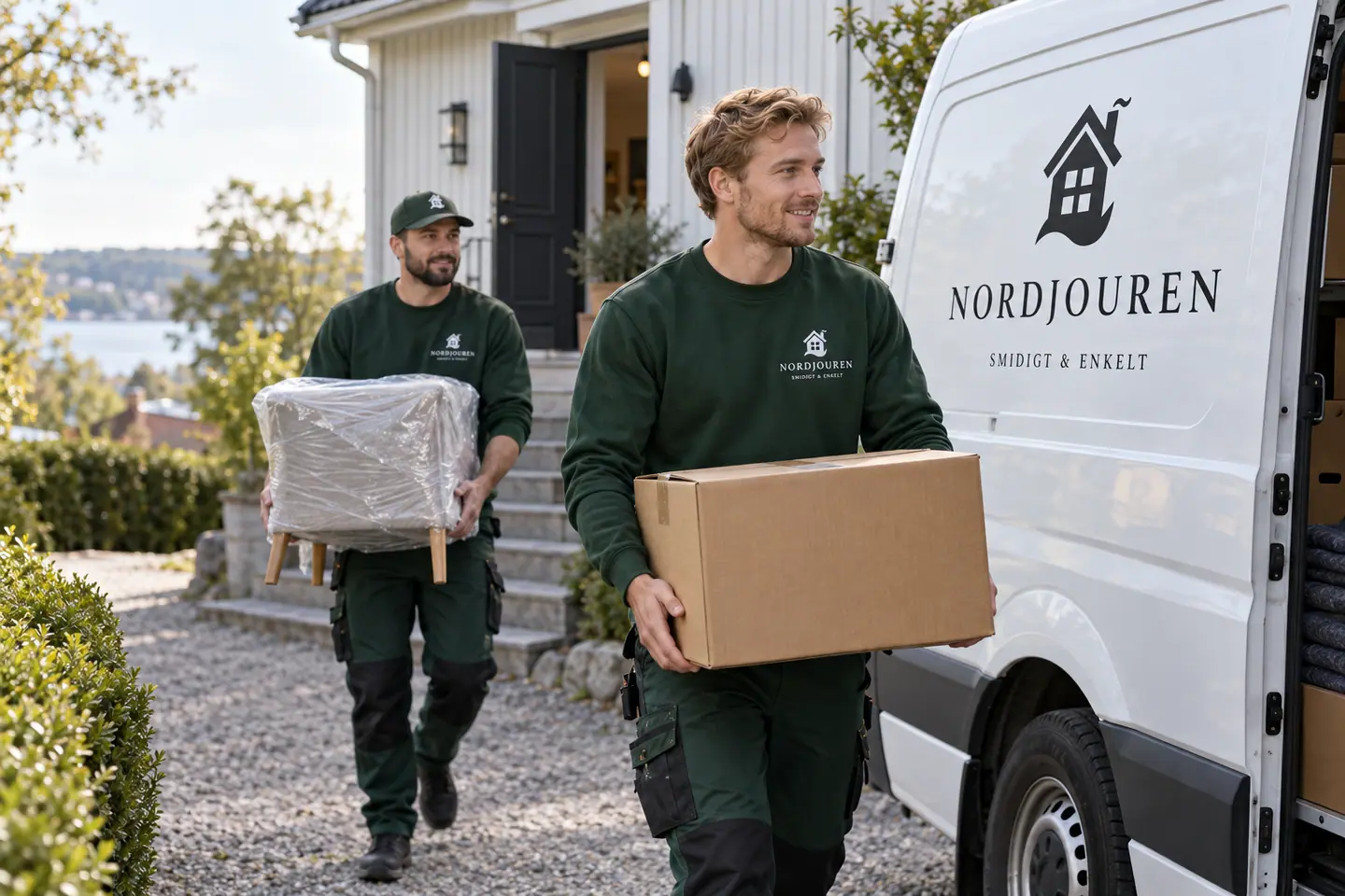 Flyttfirma med Nordjourens märkta arbetskläder och servicebil