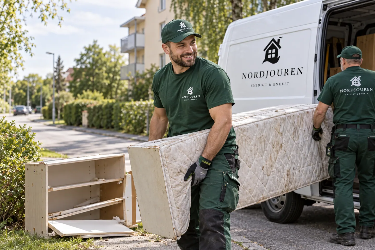 Grovsophämtning med Nordjourens märkta arbetskläder och servicebil