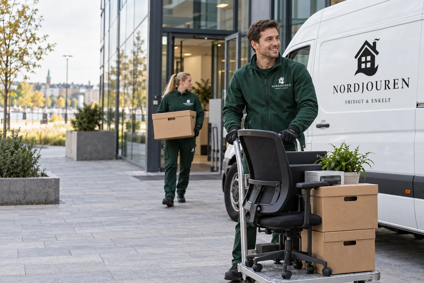 Kontorsflytt med Nordjourens märkta arbetskläder och servicebil
