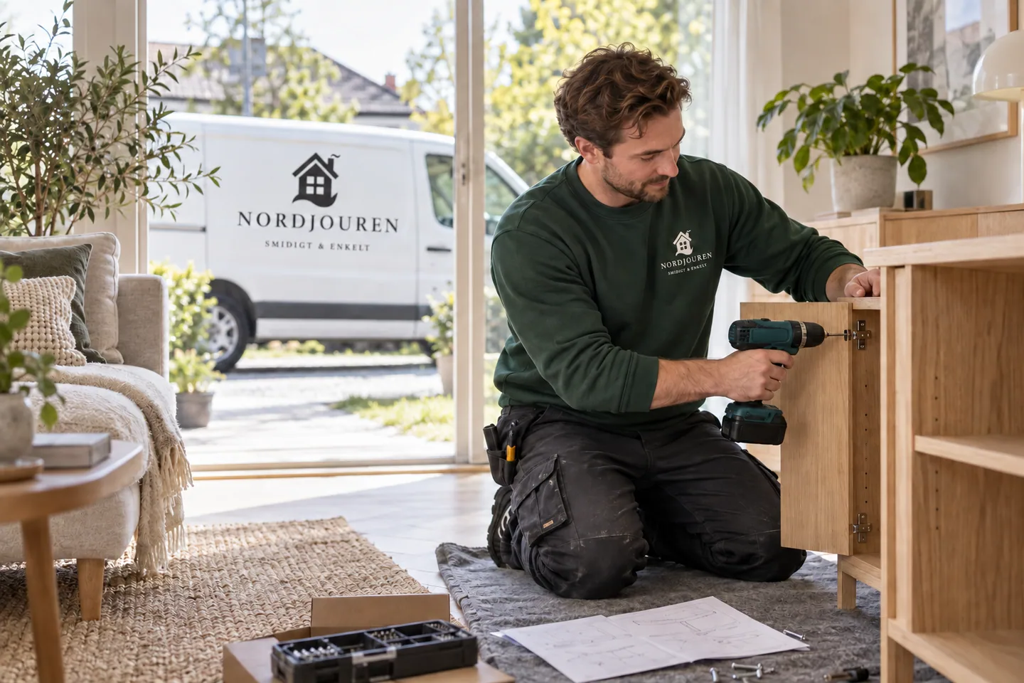 Montering med Nordjourens märkta arbetskläder och servicebil – illustration