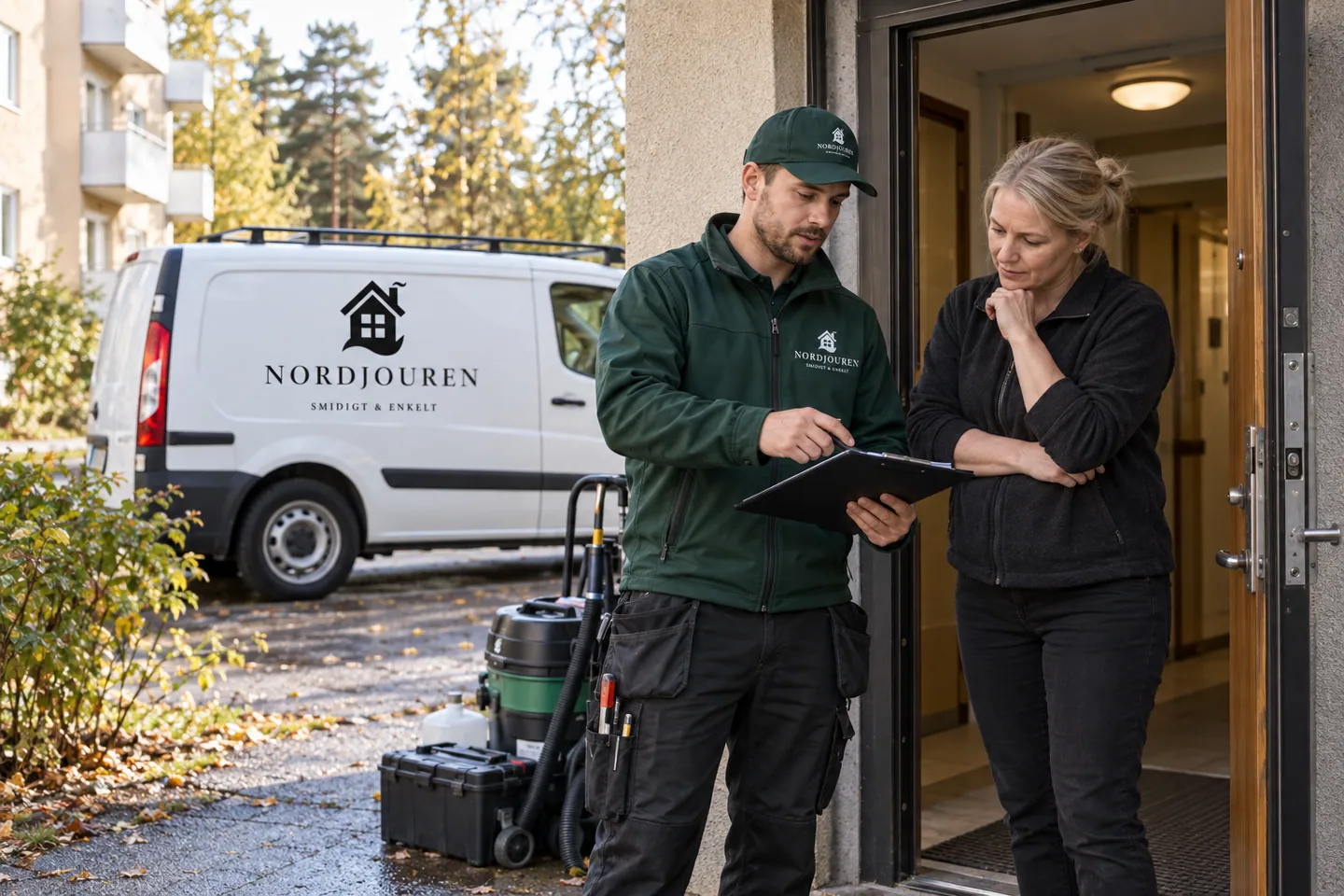 Sanering av hyresrätt med Nordjourens märkta arbetskläder och servicebil