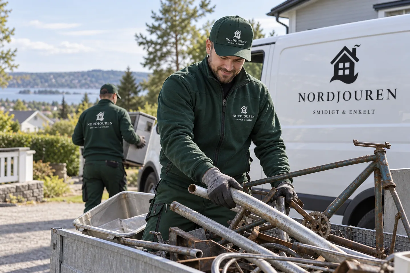 Skrothämtning med Nordjourens märkta arbetskläder och servicebil