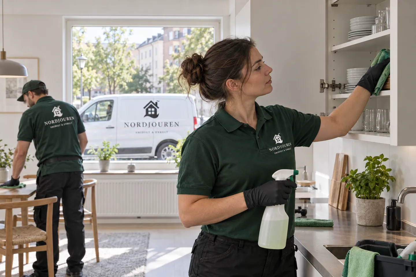 Storstädning med Nordjourens märkta arbetskläder och servicebil