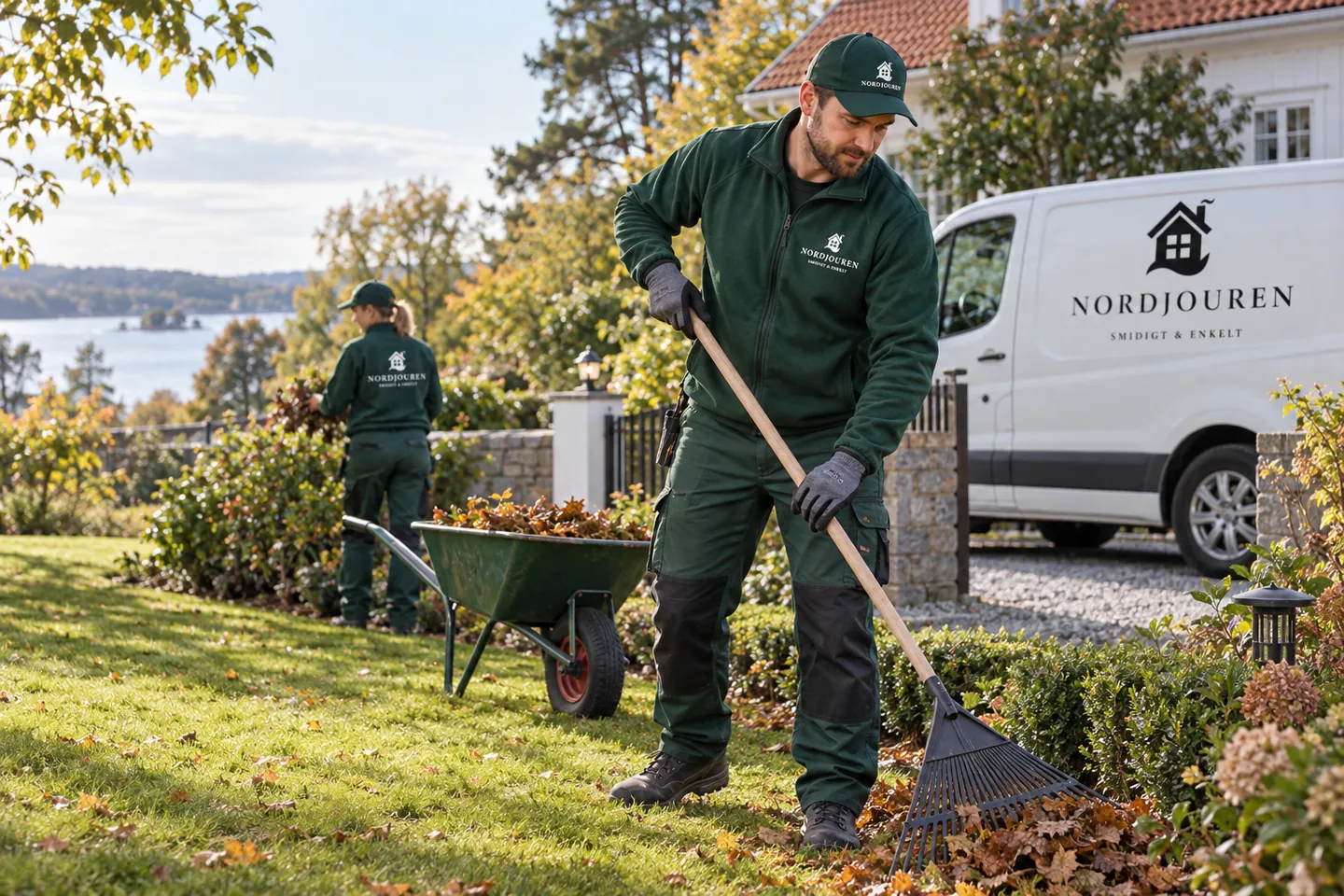 Trädgårdsarbete med Nordjourens märkta arbetskläder och servicebil