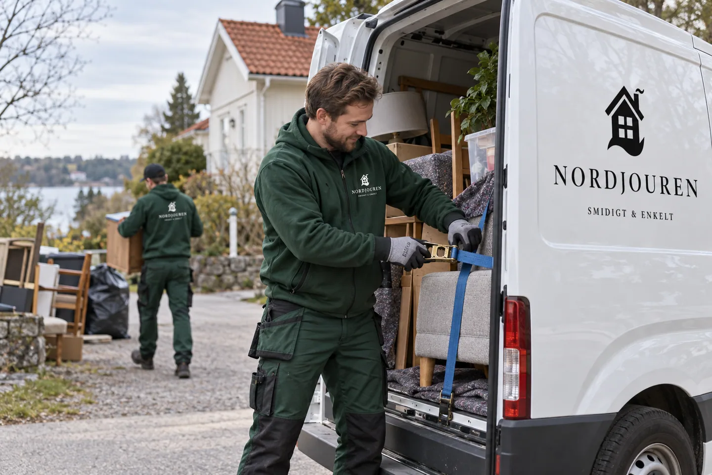 Transport till tippen med Nordjourens märkta arbetskläder och servicebil