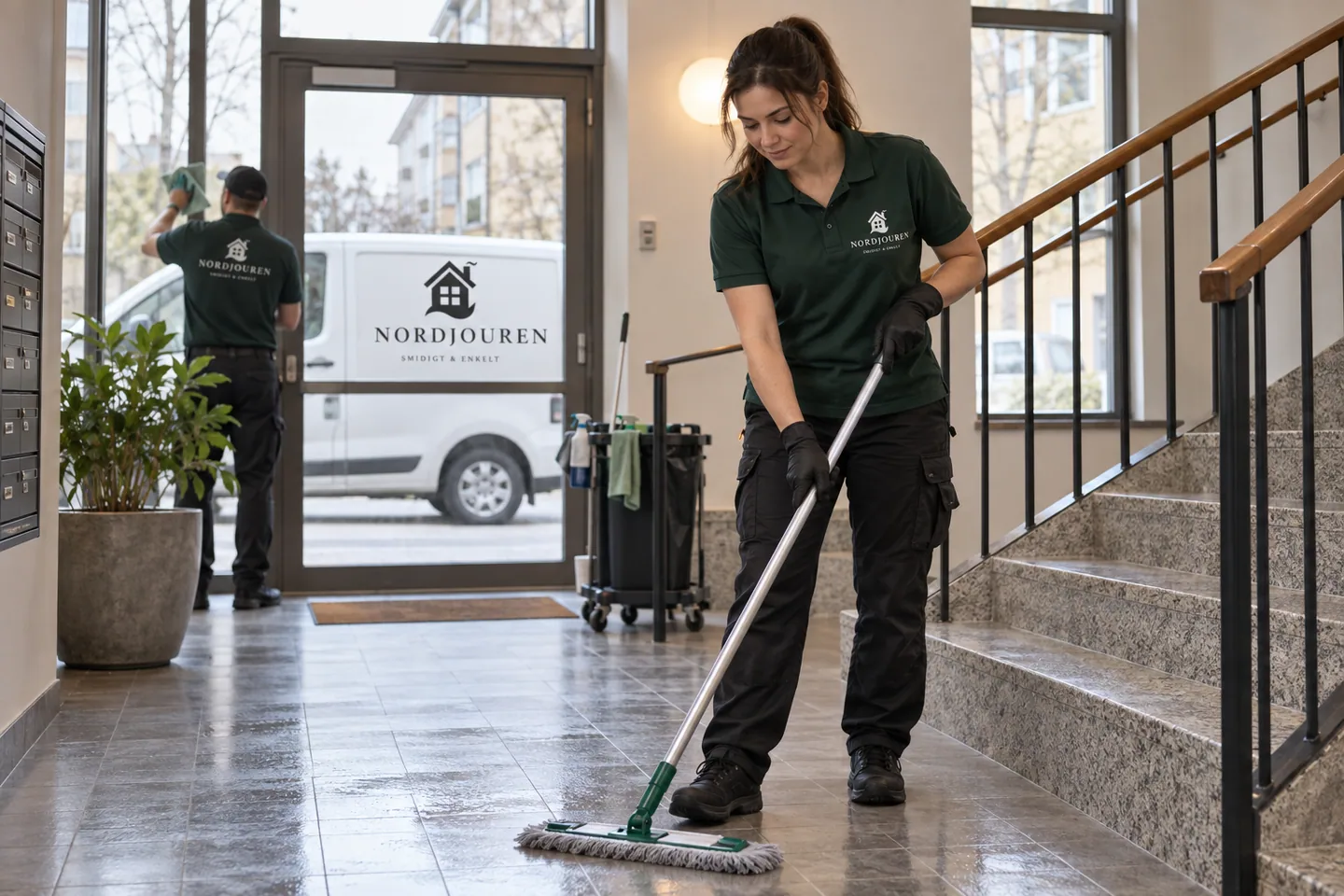 Trappstädning med Nordjourens märkta arbetskläder och servicebil