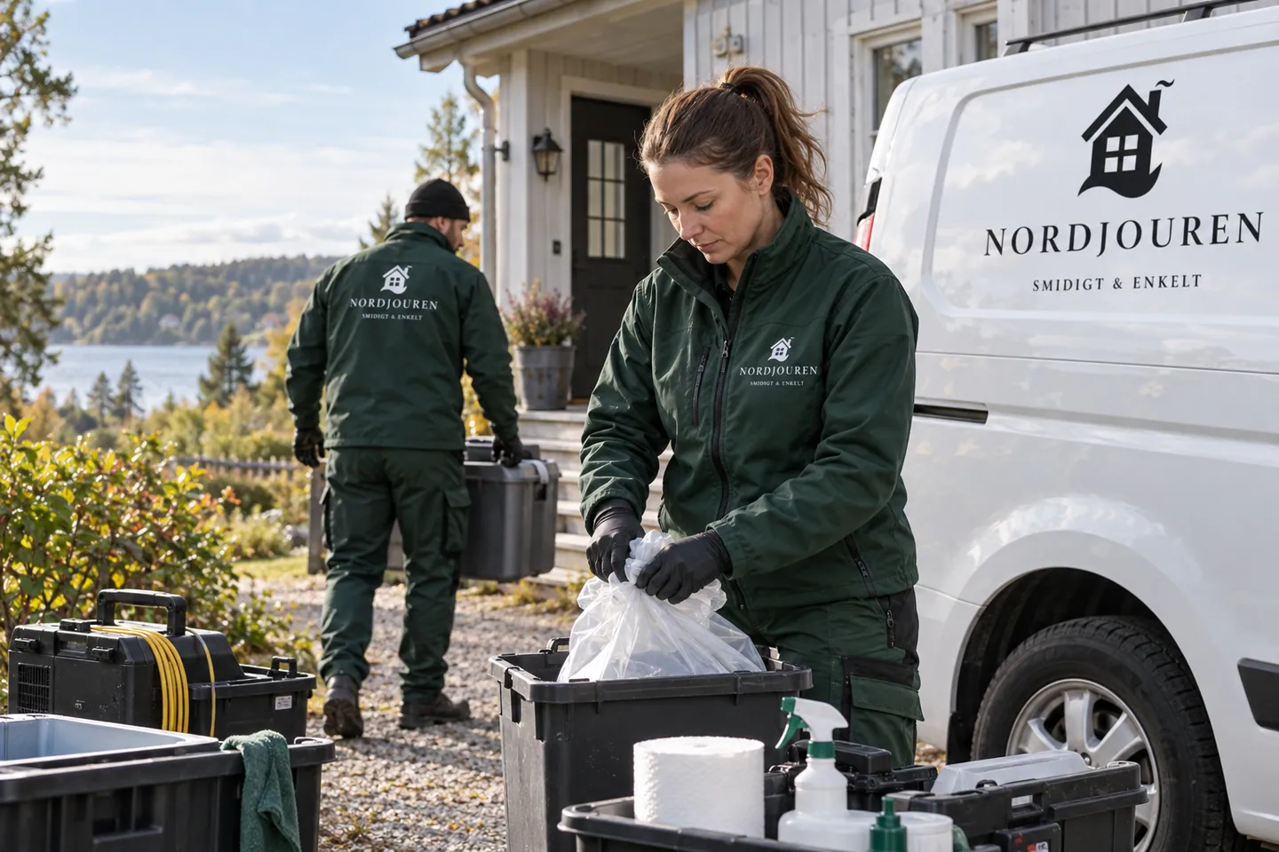 Traumasanering med Nordjourens märkta arbetskläder och servicebil