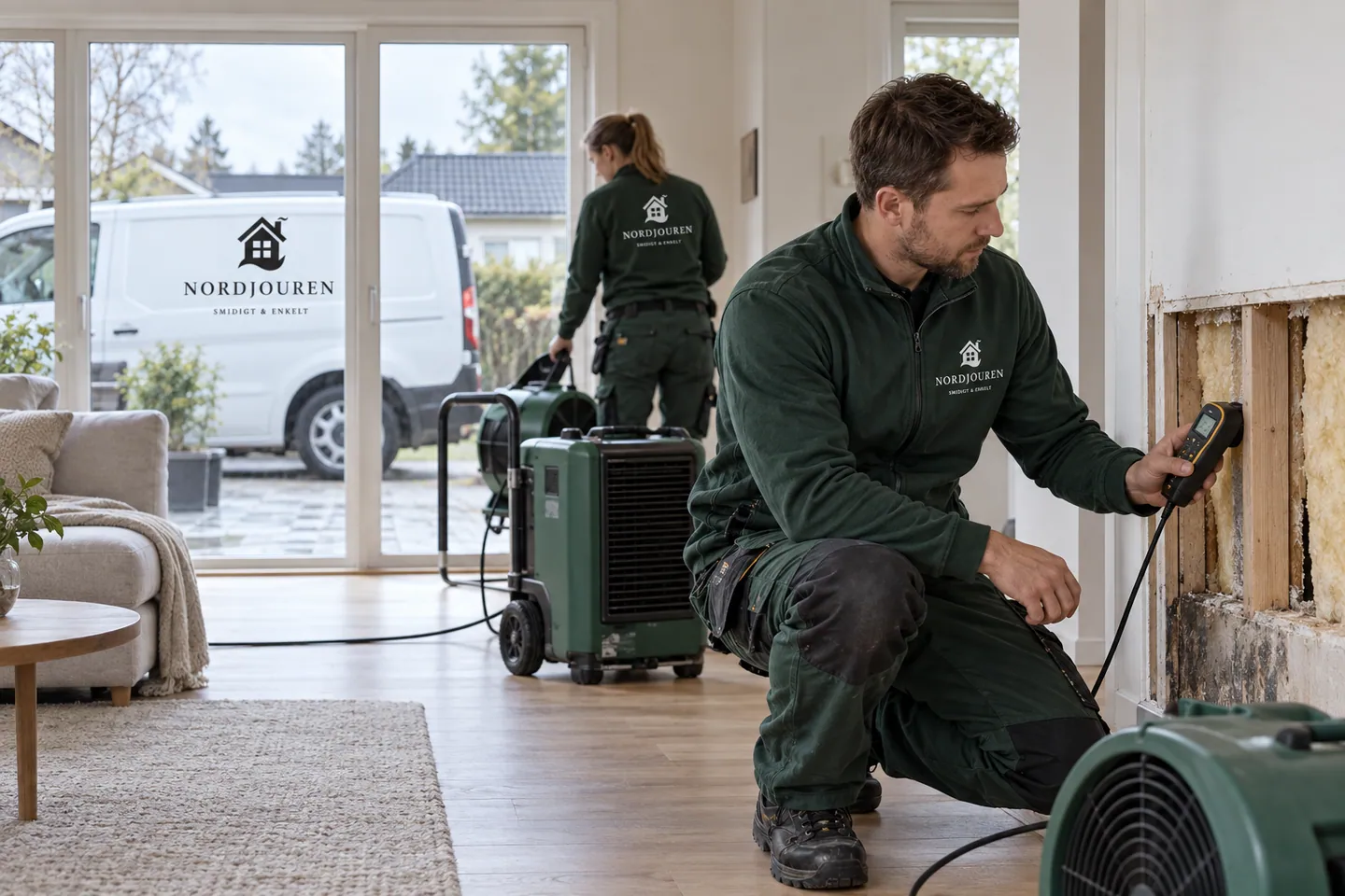 Vattenskadesanering med Nordjourens märkta arbetskläder och servicebil